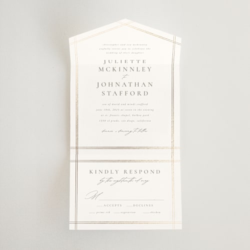 This is a silk all in one wedding invitations with foil pressed by Wildfield Paper Co called classic line frame printing on value cover in all-in-one