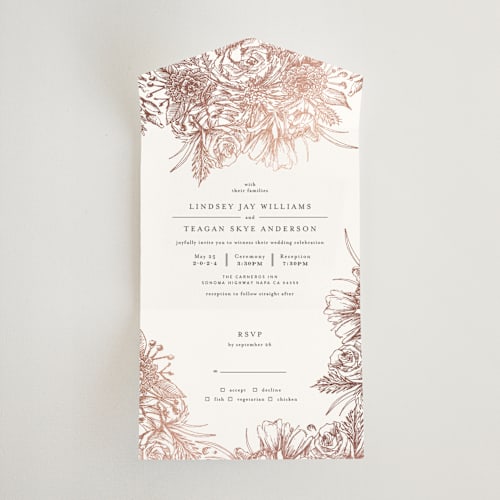 This is a petal all in one wedding invitations with foil pressed by Phrosné Barwood called sketched bouquet printing on value cover in all-in-one