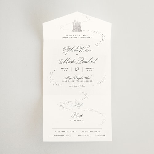 This is a magic all in one wedding invitations with foil pressed by Kelly Schmidt called disney's cinderella castle printing on value cover in all-in-one