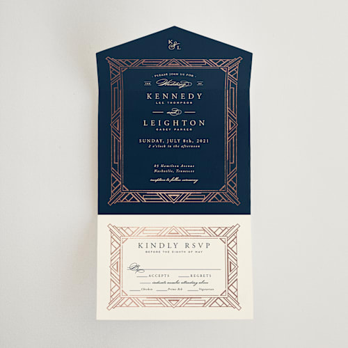 This is a dark navy all in one wedding invitations with foil pressed by Hooray Creative called opulent border printing on value cover in all-in-one