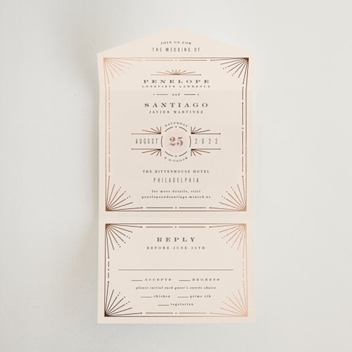 This is a blush all in one wedding invitations with foil pressed by Hooray Creative called art deco border printing on value cover in all-in-one