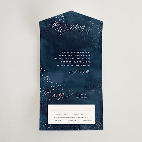 This is a midnight all in one wedding invitations with foil pressed by Hooray Creative called cosmos printing on value cover in all-in-one
