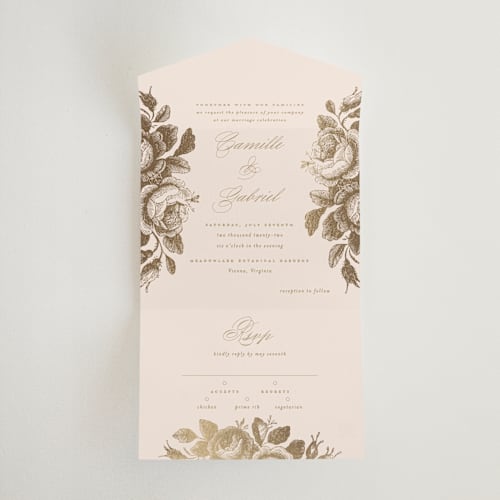 This is a petal all in one wedding invitations with foil pressed by Design Lotus called idyllic printing on value cover in all-in-one