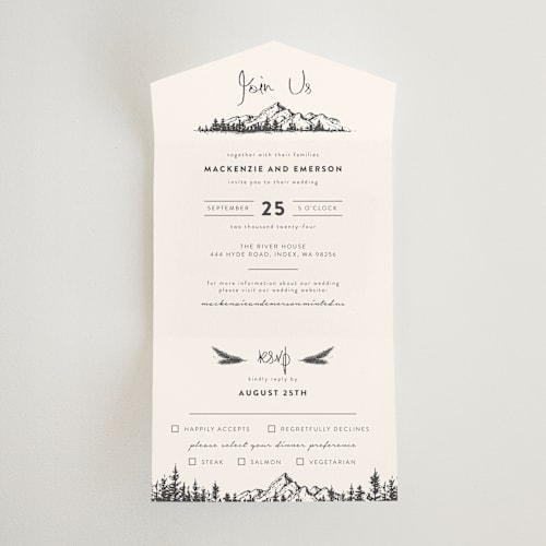 This is a ivory all in one wedding invitations with standard by Anastasia Makarova called mountains printing on value cover in all-in-one
