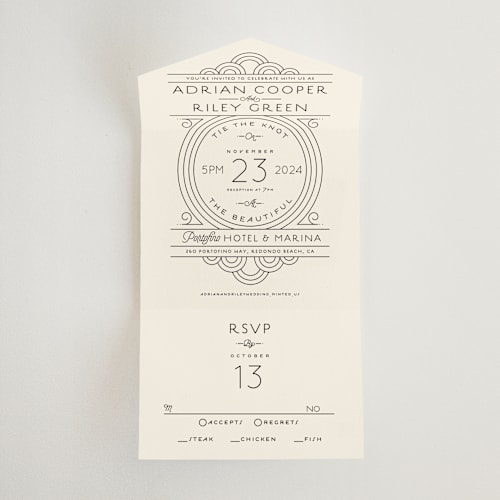 This is a cream all in one wedding invitations with standard by GeekInk Design called deco nouveau printing on value cover in all-in-one