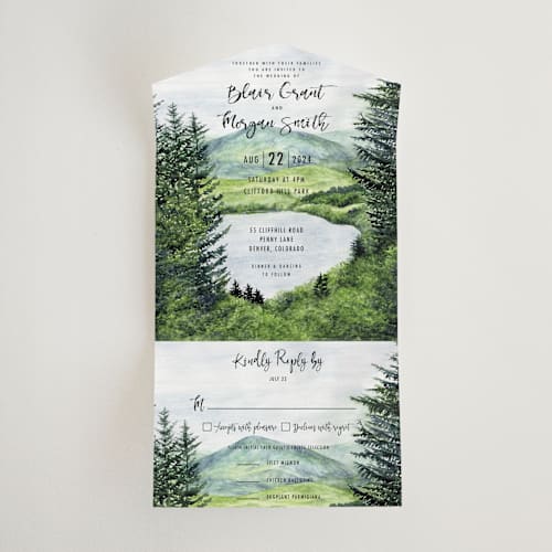 This is a forest all in one wedding invitations with standard by Elly called into the woods printing on value cover in all-in-one