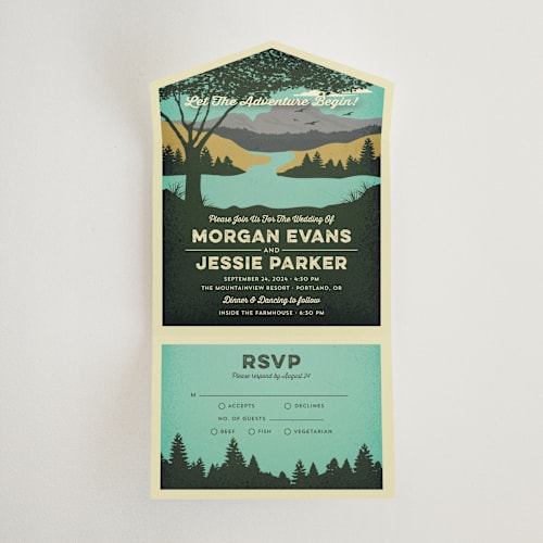 This is a forest all in one wedding invitations with standard by Nam Bourassa called mountain view printing on value cover in all-in-one