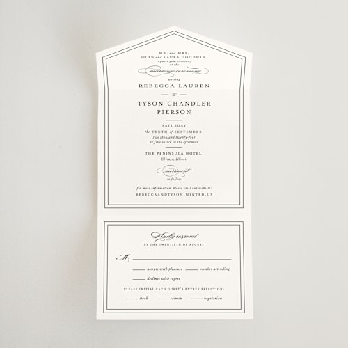 This is a vanilla all in one wedding invitations with standard by Kimberly FitzSimons called eloquence printing on value cover in all-in-one