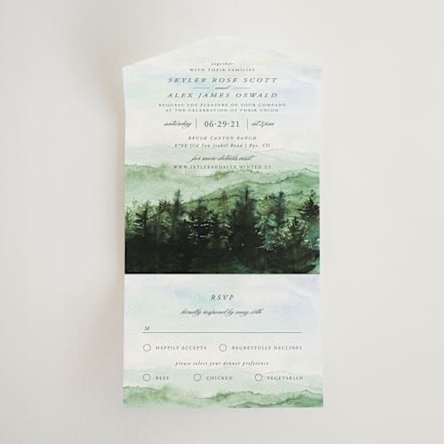 This is a summer all in one wedding invitations with standard by Anastasia Makarova called mountain wedding printing on value cover in all-in-one