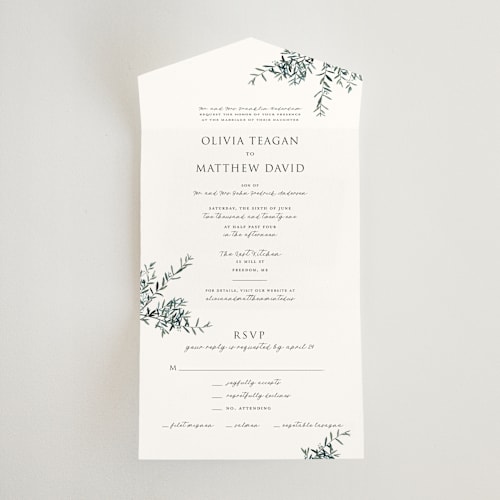 This is a olive all in one wedding invitations with standard by Christie Kelly called fresh sage printing on value cover in all-in-one