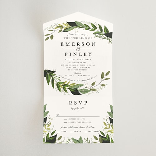 This is a fern all in one wedding invitations with standard by Susan Moyal called vines of green printing on value cover in all-in-one