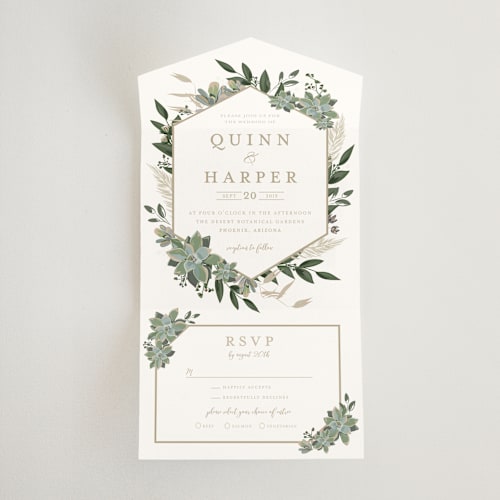 This is a cloud all in one wedding invitations with standard by Susan Moyal called succulent surround printing on value cover in all-in-one