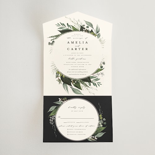 This is a ivory all in one wedding invitations with standard by Susan Moyal called natures greens printing on value cover in all-in-one