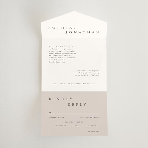 This is a air all in one wedding invitations with standard by lulu and isabelle called the minimalist printing on value cover in all-in-one