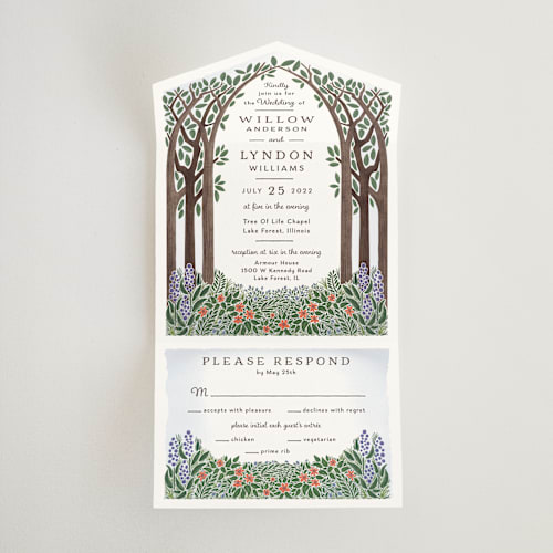 This is a forest all in one wedding invitations with standard by Paper Sun Studio called nature's chapel printing on value cover in all-in-one