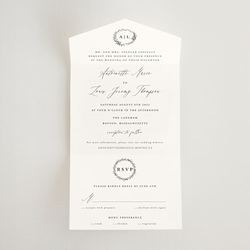 This is a ivory all in one wedding invitations with standard by lulu and isabelle called antoinette printing on value cover in all-in-one