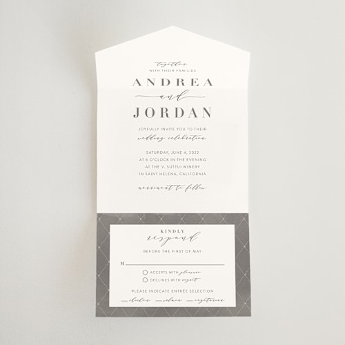 This is a smoke all in one wedding invitations with standard by Amy Ngo called simplicity printing on value cover in all-in-one