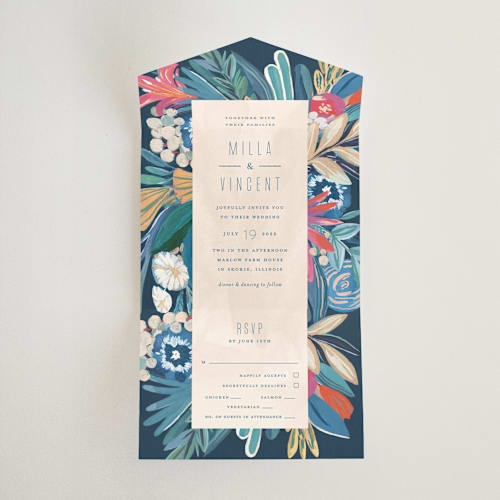 This is a ocean all in one wedding invitations with standard by Morgan Ramberg called floral burst printing on value cover in all-in-one