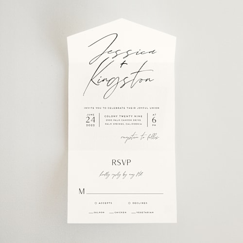 This is a zen all in one wedding invitations with standard by silverscreen studio called requiem printing on value cover in all-in-one