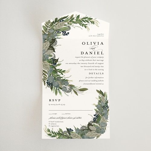 This is a navy all in one wedding invitations with standard by Susan Moyal called side swept printing on value cover in all-in-one