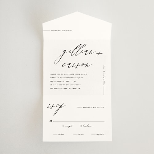 This is a pearl all in one wedding invitations with standard by Chryssi Tsoupanarias called villa printing on value cover in all-in-one