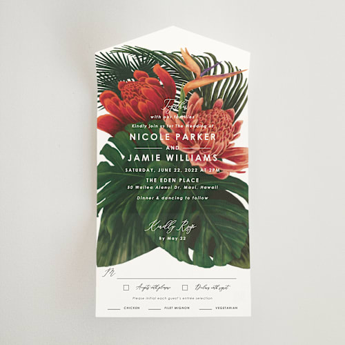 This is a basil all in one wedding invitations with standard by Elly called tropical bouquet printing on value cover in all-in-one