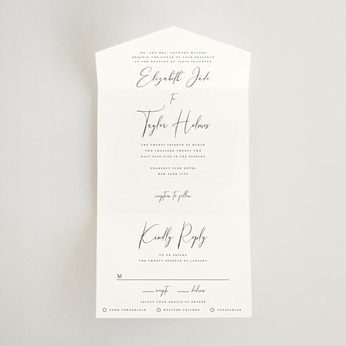 This is a cotton all in one wedding invitations with standard by Jennifer Postorino called desire printing on value cover in all-in-one