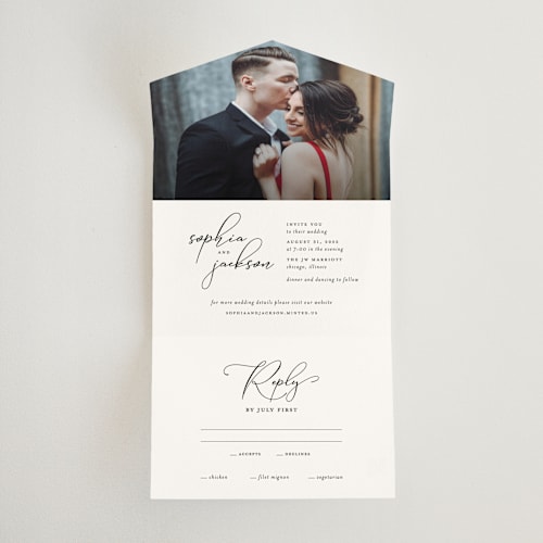 This is a pearl all in one wedding invitations with standard by Laura Hamm called kindly join us printing on value cover in all-in-one