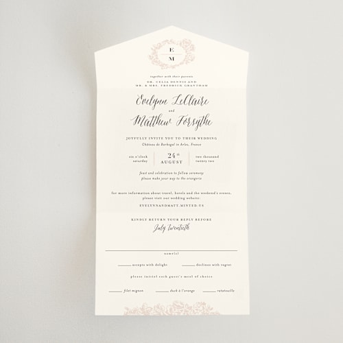 This is a blush all in one wedding invitations with standard by 2birdstone called french roses printing on value cover in all-in-one