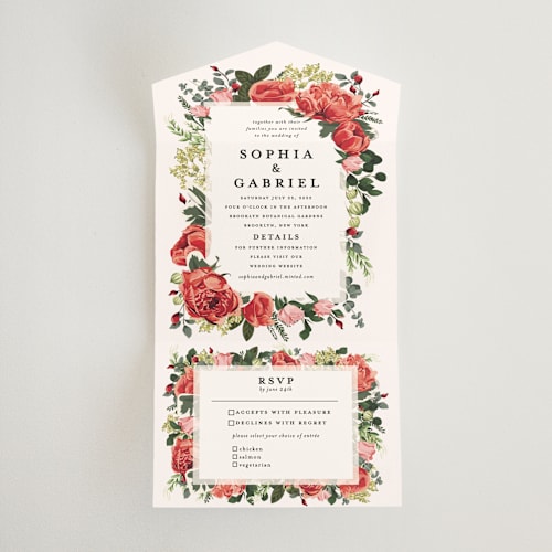 This is a coral all in one wedding invitations with standard by Susan Moyal called peonies forever printing on value cover in all-in-one