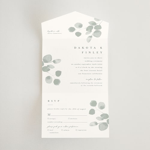 This is a silver dollar all in one wedding invitations with standard by Shannon Chen of Four Wet Feet Studio called silver dollar eucalyptus printing on value cover in all-in-one
