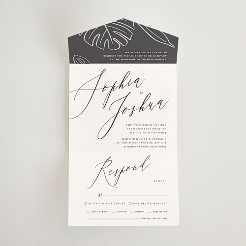 This is a snow all in one wedding invitations with standard by Griffinbell Paper Co. called crescendo printing on value cover in all-in-one
