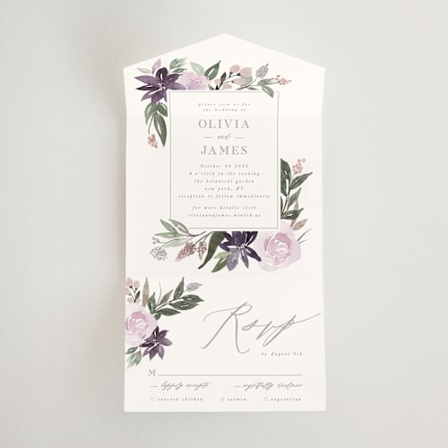 This is a lilac all in one wedding invitations with standard by Creo Study called garden stroll printing on value cover in all-in-one