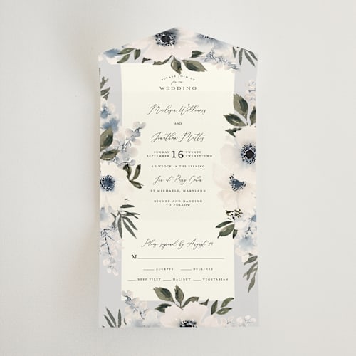 This is a marine all in one wedding invitations with standard by Chris Griffith called nantucket romance printing on value cover in all-in-one