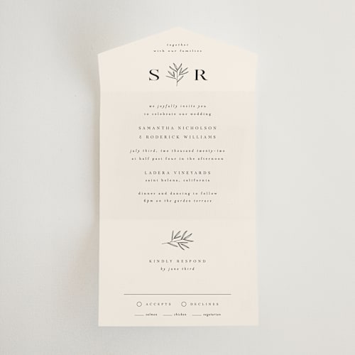 This is a taupe all in one wedding invitations with standard by Kelly Schmidt called italia printing on value cover in all-in-one