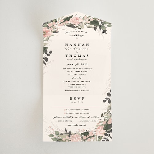 This is a blush all in one wedding invitations with standard by Susan Moyal called ivory ring printing on value cover in all-in-one