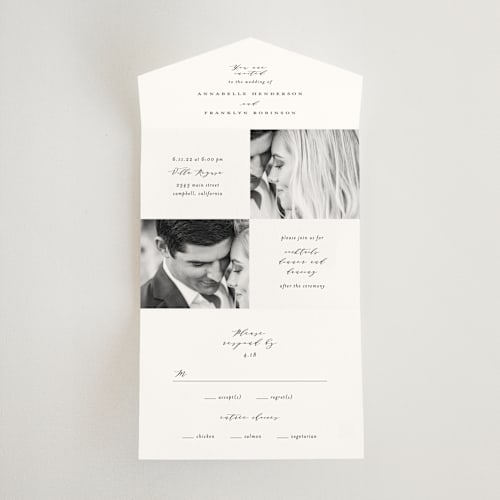 This is a cotton all in one wedding invitations with standard by Simona Camp called classically us printing on value cover in all-in-one