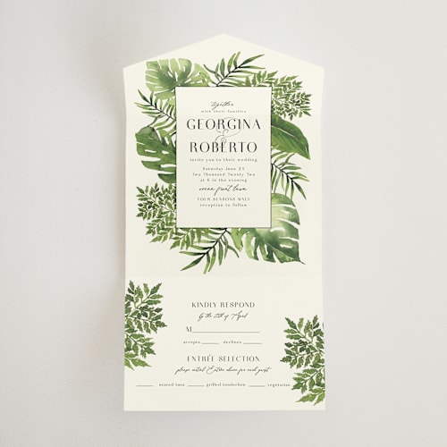 This is a jade all in one wedding invitations with standard by Chris Griffith called tropical vows printing on value cover in all-in-one