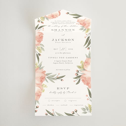 This is a peach all in one wedding invitations with standard by Joanna Griffin called peony wreath printing on value cover in all-in-one