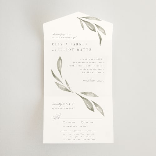 This is a leaf all in one wedding invitations with standard by Kristie Kern called whispered leaves printing on value cover in all-in-one