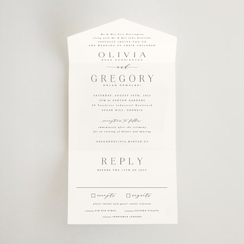 This is a lily all in one wedding invitations with standard by Hooray Creative called classy type printing on value cover in all-in-one