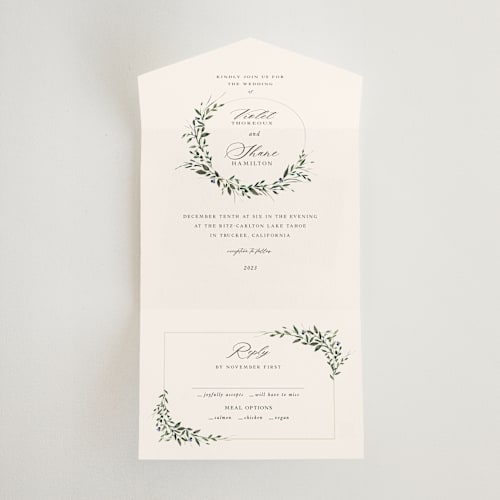 This is a champagne all in one wedding invitations with standard by Lori Wemple called green wreath printing on value cover in all-in-one