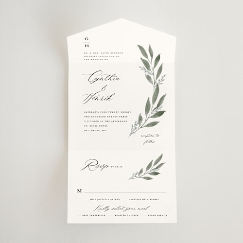This is a heather all in one wedding invitations with standard by Stacey Meacham called pressed foliage printing on value cover in all-in-one