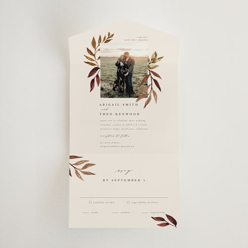This is a leather all in one wedding invitations with standard by Kate Ahn called botanical portrait printing on value cover in all-in-one