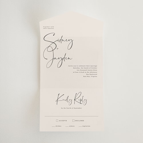 This is a ivory all in one wedding invitations with standard by Cass Loh called stylist script printing on value cover in all-in-one