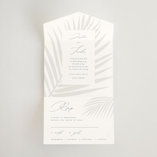 This is a mist all in one wedding invitations with standard by Lauren Chism called faded palm printing on value cover in all-in-one