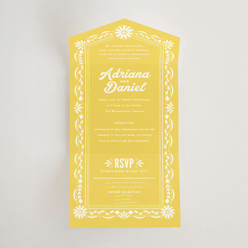 This is a sunshine all in one wedding invitations with standard by Jessie Steury called pretty picado printing on value cover in all-in-one