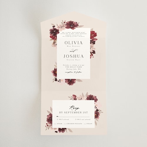 This is a burgundy all in one wedding invitations with standard by Itsy Belle Studio called emyn printing on value cover in all-in-one