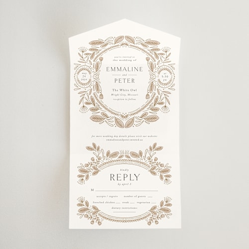 This is a honey all in one wedding invitations with standard by Jen Owens called charmed printing on value cover in all-in-one