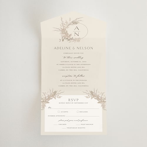 This is a linen all in one wedding invitations with standard by Erin Deegan called preserved fall botanicals printing on value cover in all-in-one